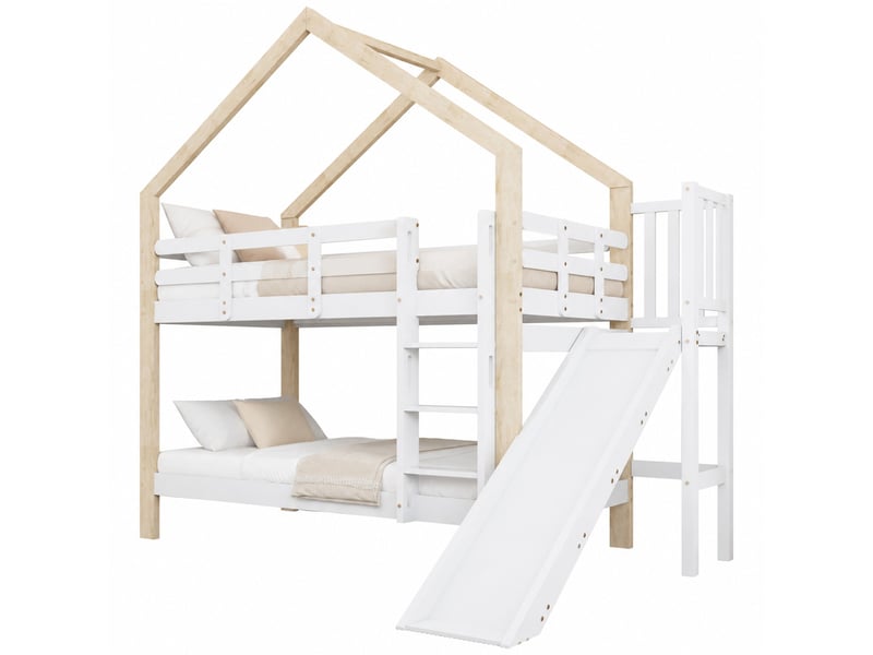 Lit superposé enfant avec toboggan blanc et naturel 90 x 200 cm - Conforama A