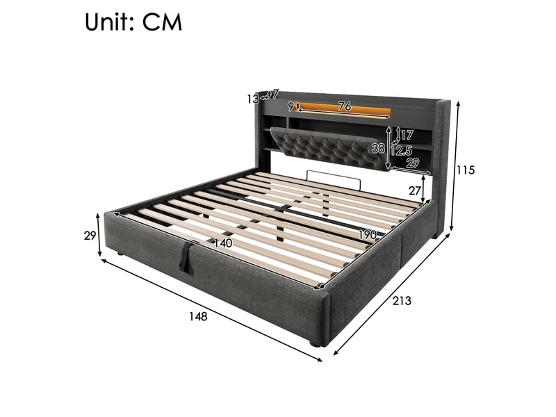  Lit avec rangement hydraulique 140 x 190 cm gris en lin avec led, ports usb et usb-c  - Conforama E
