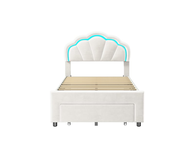 Lit enfant 90x200 cm design coquillage avec led rgb et tiroir de rangement - structure en velours blanc - sommier à lattes inclus - Conforama A