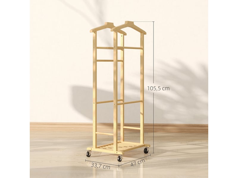  Valet de chambre en bambou avec roulettes, cintres, barres à pantalons, plateau et étagère à chaussures, 47 x 33,7 x 105,5 cm, naturel  - Conforama D