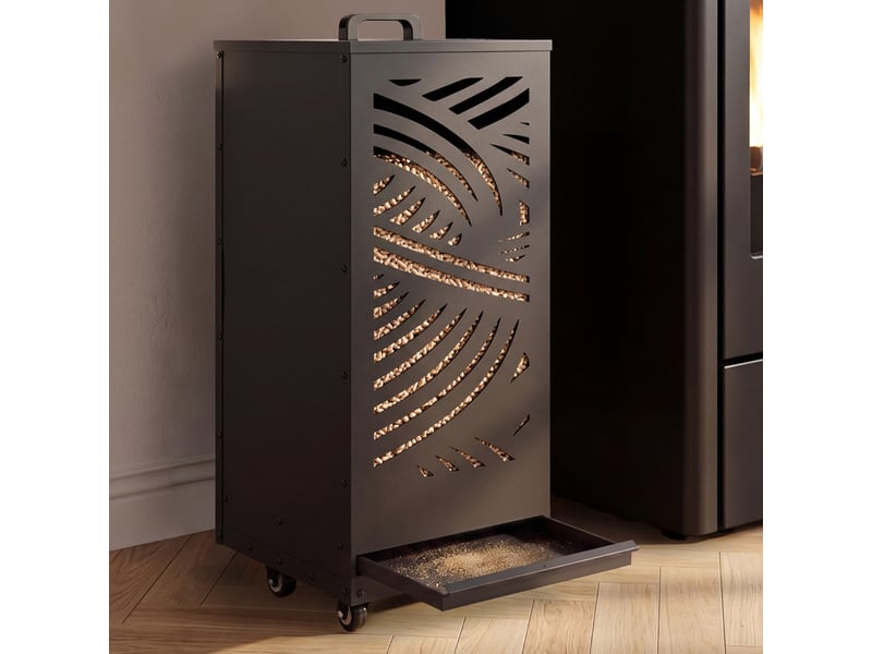  Réservoir à granulés 55 kg noir rangement à pellets 35 x 35 x 87 cm avec tiroir et motif  - Conforama B