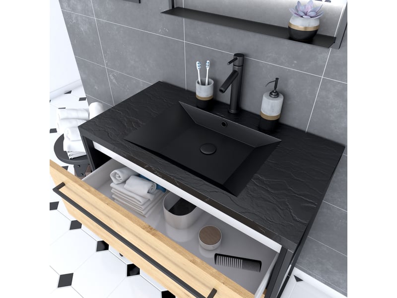  Pack meuble de salle de bain 80x50 cm noir mat - 2 tiroirs - vasque noir effet pierre - miroir led  - Conforama D