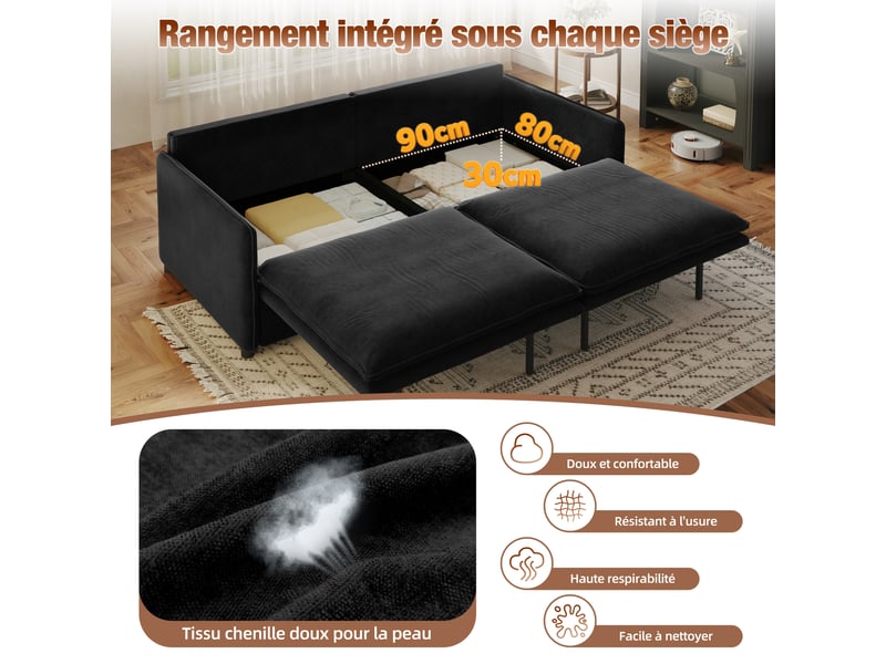  Canapé convertible 3 places noir en chenille avec rangement, 206 cm Fay Lum - Conforama R