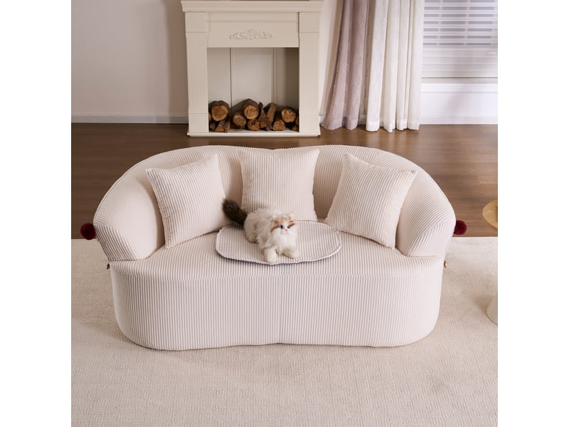 Canapé compressé 2 places 163x93x68 cm sans structure, design courbé, 3 coussins et coussin pour animal inclus, mousse, velours côtelé blanc - Conforama C