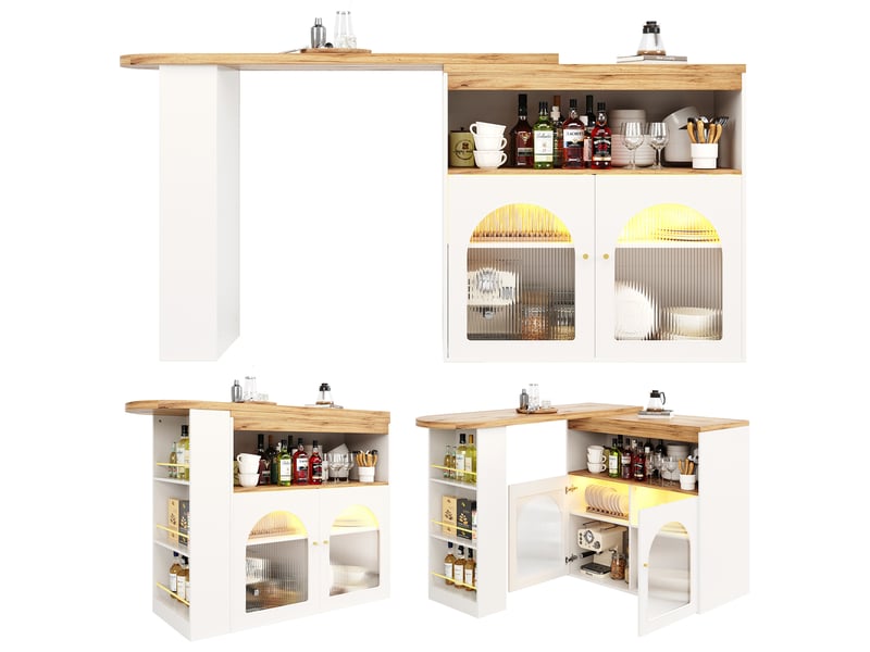 Table de bar extensible 138-193 x 39 x 105 cm, pivotante à 360°, rangement 3 niveaux et éclairage led, blanc  - Conforama A