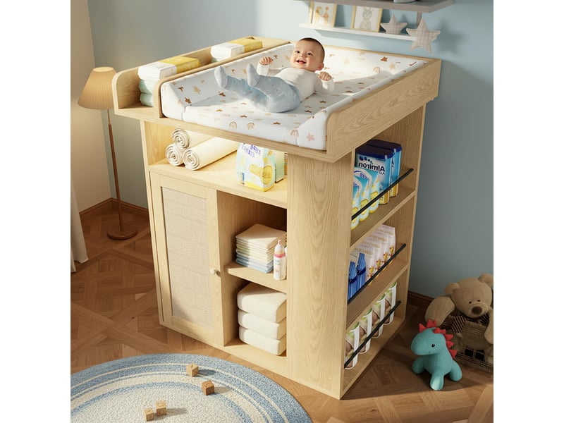 Table à langer bois naturel éclairage led couleur et luminosité variables grand rangement latéral surface compartimentée  - Conforama D