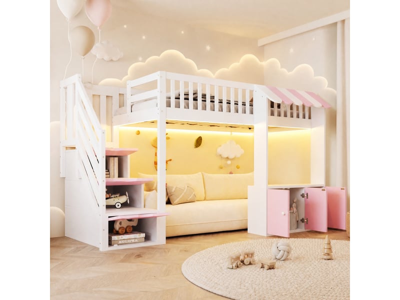  Lit mezzanine 90x200 cm avec escalier de rangement et led, blanc et rose  - Conforama B