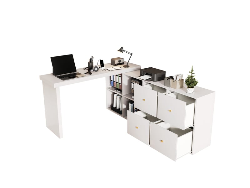  Bureau d'angle pivotant 360°, bureau en l blanc avec rangements, table informatique modulable avec 4 tiroirs et 4 compartiments.  - Conforama A