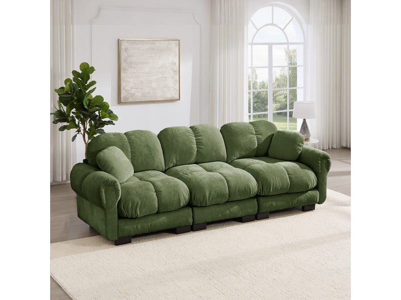  Canapé 3 places modulaire en chenille vert avec 2 coussins déco, assises épaisses et dossier ergonomique SF20260031013 - Conforama E