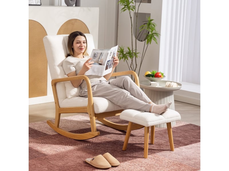  Fauteuil à bascule avec repose-pieds en polaire blanc  - Conforama C