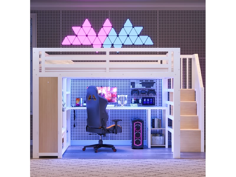  Lit mezzanine 140x200 cm bureau led usb, rangements, escalier, armoire ouverte, métal blanc sans matelas  - Conforama D