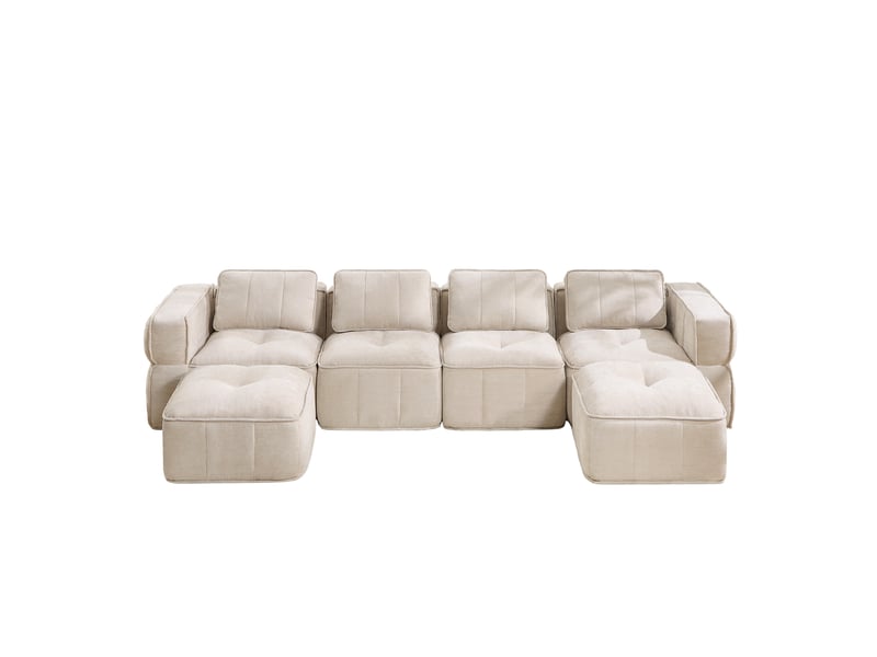 Canapé modulable en u 4 places modenvie avec 2 poufs, sans cadre, mousse haute densité 32d, polyester beige, 344 x 162 x 67 cm - Conforama A