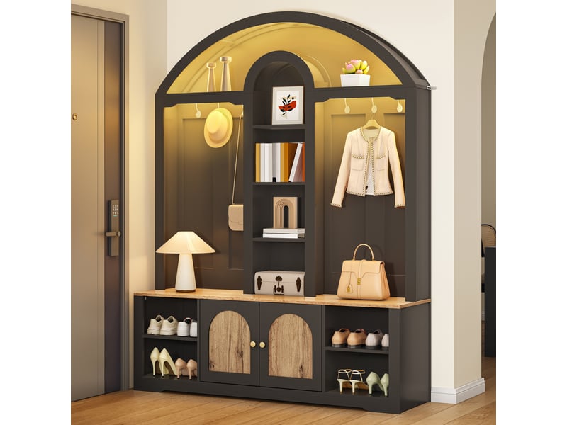 Vestiaire d'entrée, meuble de rangement avec porte-manteau et étagère à chaussures, mdf style scandinave 150x40x195 cm avec ruban led, noir et bois - Conforama B