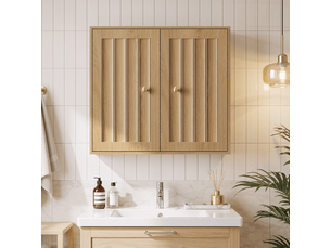 Armoire de salle de bain murale à 2 portes avec design cannelé vertical, armoire à pharmacie, finition chêne.