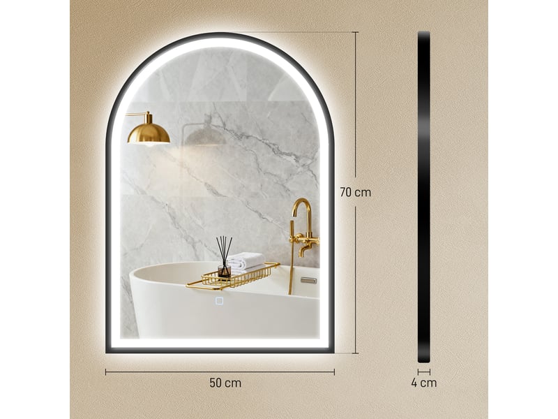 Miroir salle de bain avec éclairage 50 x 70 cm, miroir led arqué, anti-buée, 3 couleurs lumière, mémoire, dimmable, noir - Conforama C