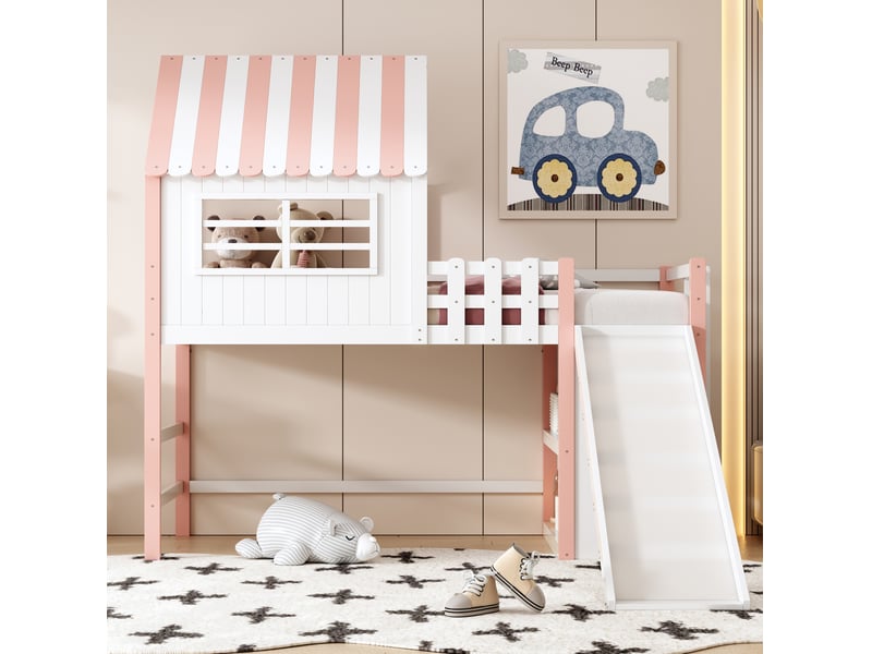  Lit mezzanine enfant 90 x 200 cm avec toboggan, échelle et rangements, rose  - Conforama E