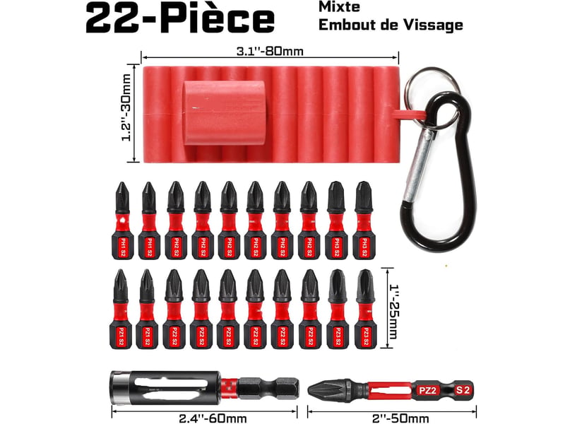  Lot de 22 embouts de vissage 2550mm ph pz, s2 acier allié magnétique embout de tournevis  - Conforama B