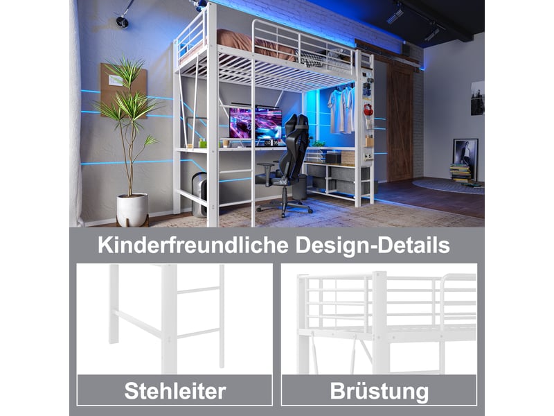  Lit mezzanine 90 x 200cm, structure métal, bureau, 4 tiroirs, étagères, led, usb type-c, sans matelas, blanc  - Conforama C