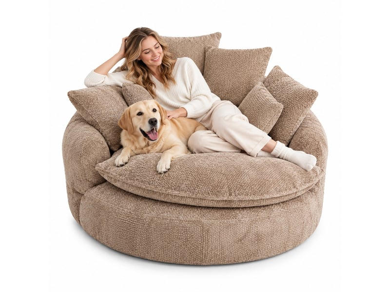 Fauteuil lounge géant 190,5 x 138 x 63 cm café, mousse et tissu polyester, dossier réglable et coussin - Conforama A