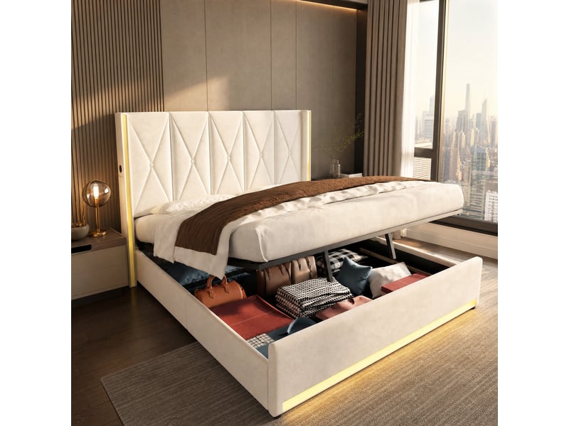 Lit coffre 180 x 200 cm en velours beige avec led, ports usb et type-c - Conforama C
