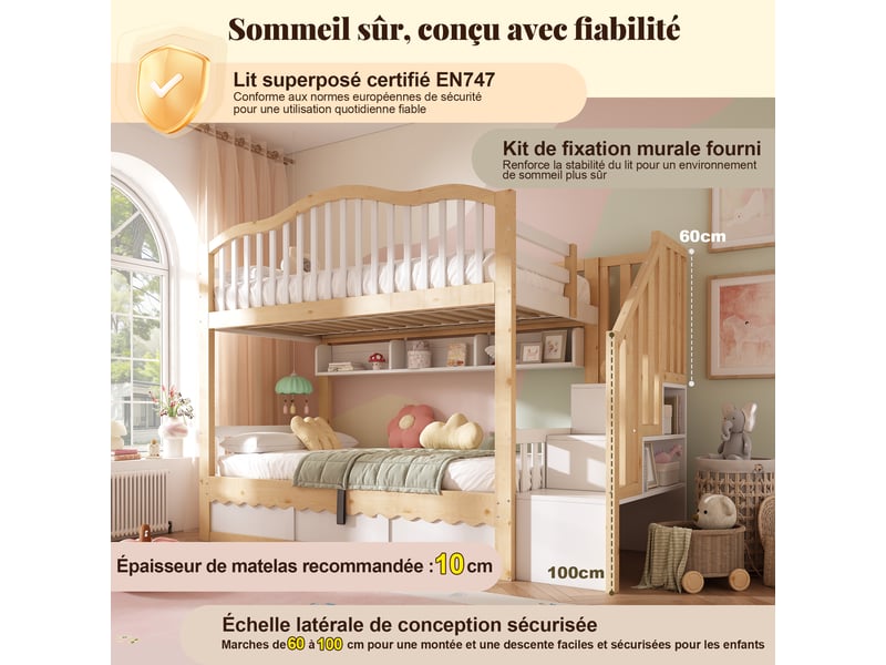 Lit superposé enfant 90x200 cm avec rangement hydraulique, escalier sécurisé, étagères suspendues et garde-corps - blanc - Conforama D