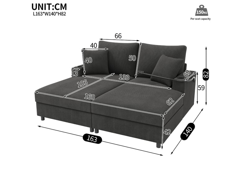  Canapé convertible modenvie 2 places en velours côtelé gris 163 x 140 x 82 cm avec usb et usb-c  - Conforama C