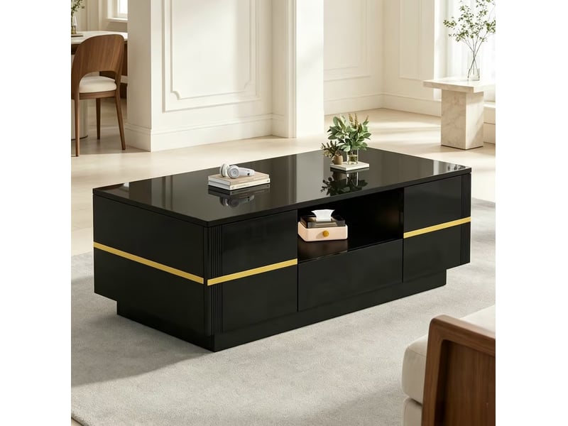  Table basse led avec 2 portes, 1 tiroir et niche ouverte, finition brillante noire et accents dorés, 100 × 50 × 35,5 cm  - Conforama B