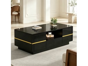 Table basse led avec 2 portes, 1 tiroir et niche ouverte, finition brillante noire et accents dorés, 100 × 50 × 35,5 cm