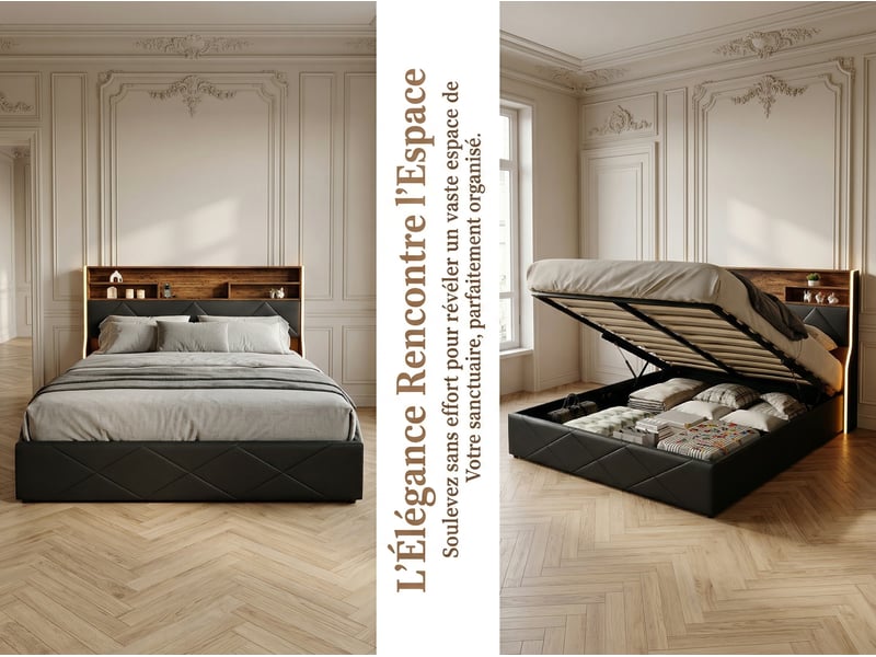 Lit coffre 160x200 cm - tissu lin gris avec led rgb, prises, étagère et rangement - Conforama D