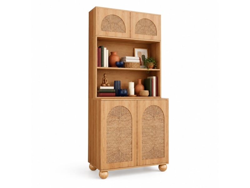  Buffet haut ulevr de rangement 80 x 40 x 180 cm, 4 portes à décor tressé, étagère réglable, mdf et panneaux de particules, naturel  - Conforama A