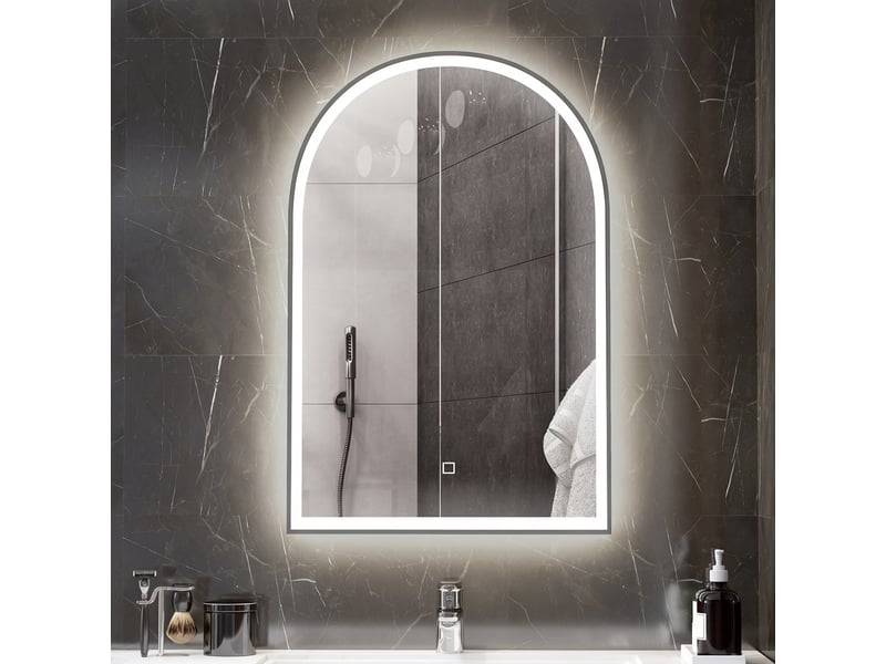 Miroir de salle de bain led 90 x 60cm, mural, 3 couleurs, arqué cadre en aluminium, désembuage et interrupteur tactile - Conforama C