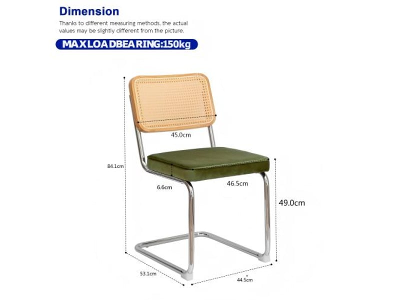  Ensemble de 4 chaises à manger velours et rotin, pieds chromés – design mid-century breuer, assises tapissées  - Conforama C