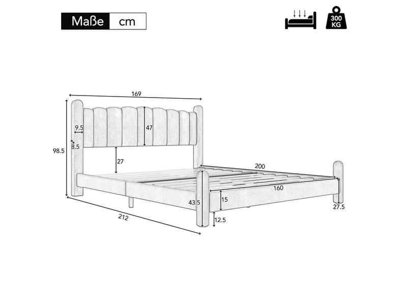  Lit 160x200 cm avec sommier à lattes et tête de lit à motif éventail, pieds cylindriques, beige, sans matelas  - Conforama C