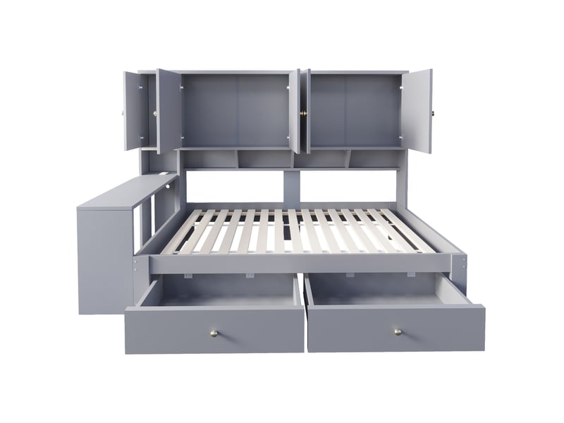  Lit enfant 90x200 cm lit simple avec bureau intégré et compartiments, tiroirs, éclairage led et prises, gris, sans matelas  - Conforama E