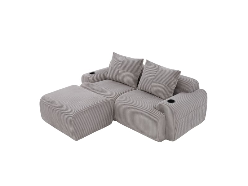 Canapé modulable 2 places avec poufs en velours côtelé gris clair - Conforama A