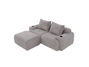 Canapé modulable 2 places avec poufs en velours côtelé gris clair