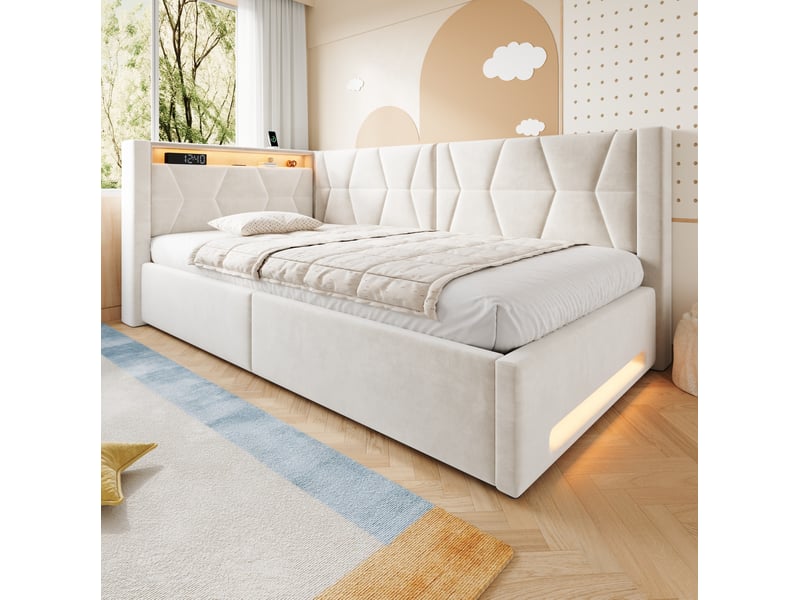  Lit coffre 90x200 cm, métal et velours, led, ports usb et type-c, sommier à lattes, finition beige, matelas non fourni  - Conforama D