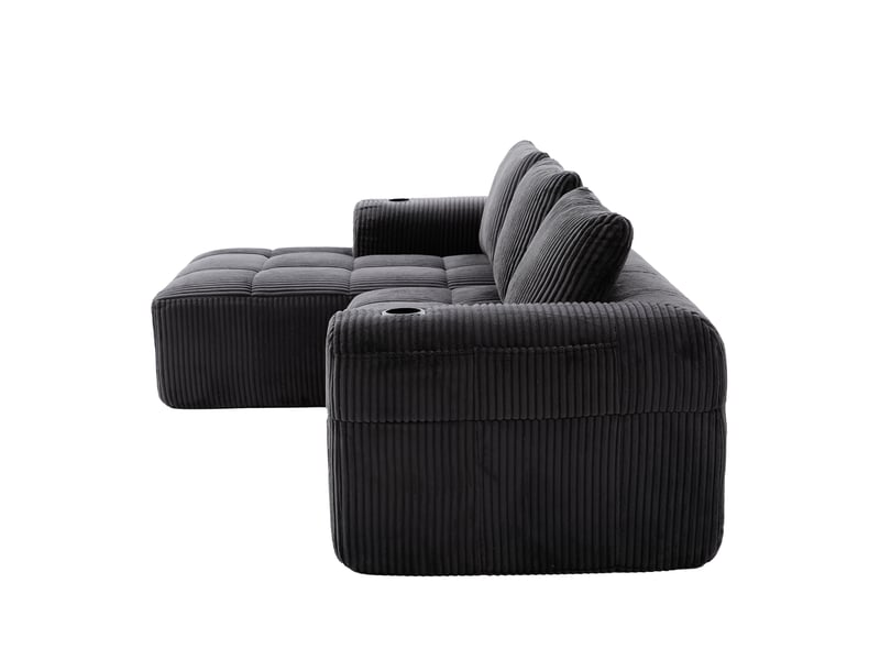  Canapé 4 places droit en velours côtelé gris foncé, largeur 253 cm, porte-gobelet intégré W2845S00248 - Conforama R