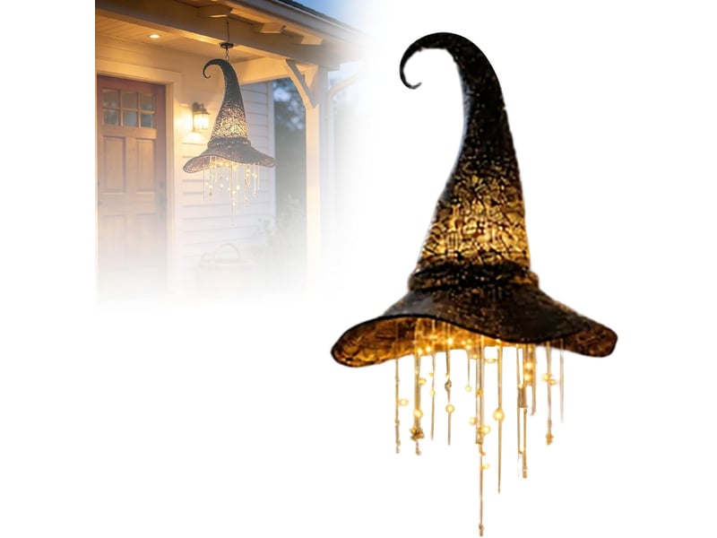 Décoration halloween suspendue, chapeau de sorcière lumineux led pour porche, entrée, terrasse, jardin et extérieur, court - Conforama A