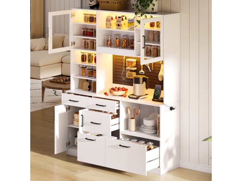 Armoire de cuisine blanc avec led et prises meuble de rangement mdf 5 tiroirs 185 cm - Conforama D