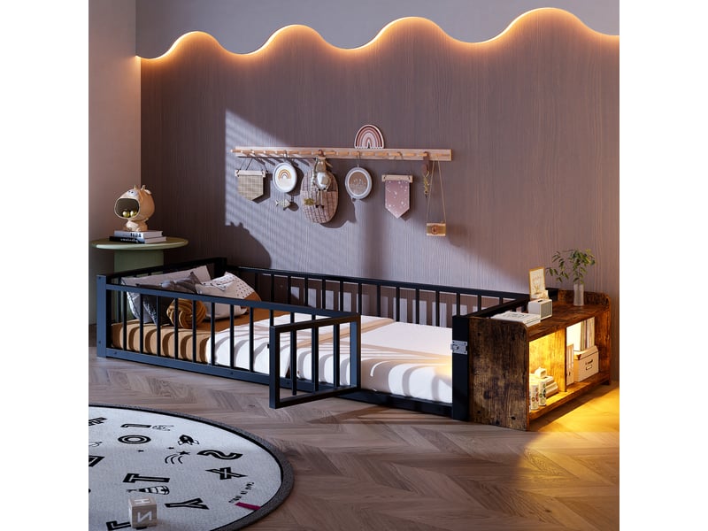  Lit enfant en métal - cadre métallique stable - dimensions 90x200 cm - couleur noir - garde-corps de sécurité 224x95x35.5cm - Conforama A