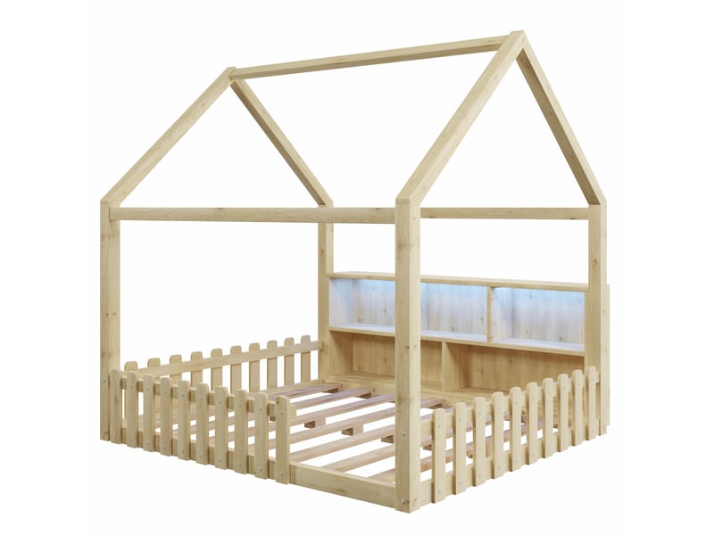 Lit cabane enfant 140x190 cm naturel en pin, avec barrières, led et rangements ouverts, sans matelas - Conforama A