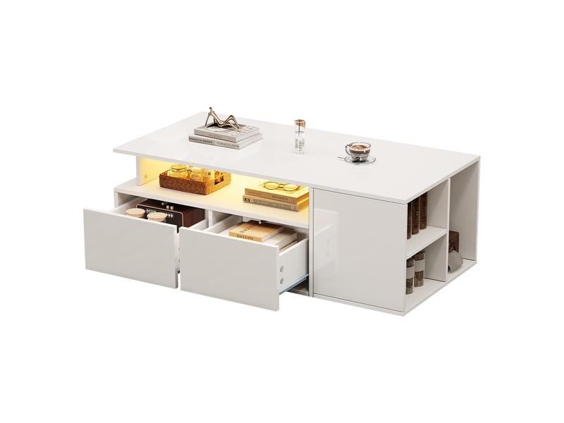  Table basse avec led 100x50x35 cm table de salon blanche 2 tiroirs  - Conforama A