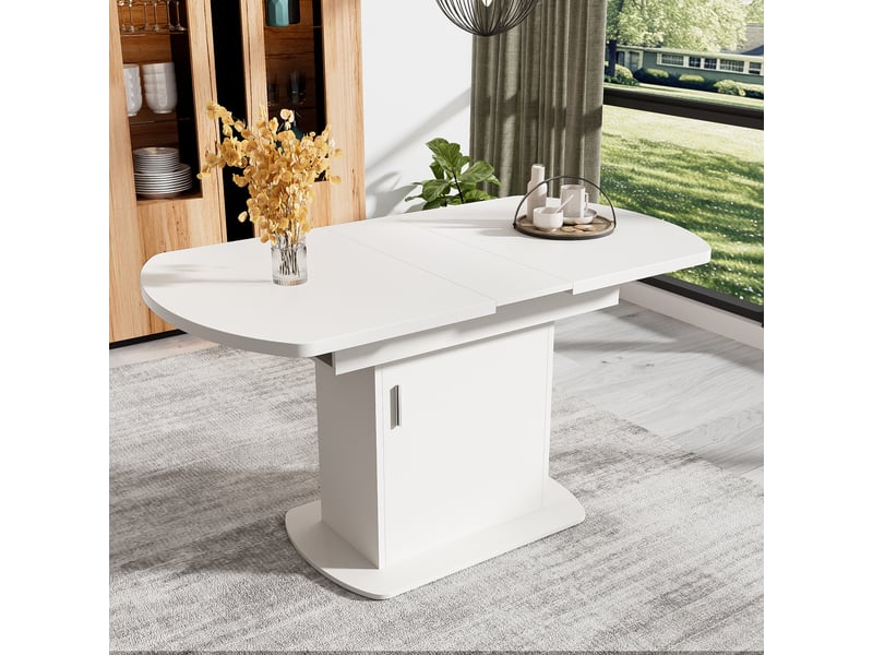  Table à manger ovale extensible avec rangement 110-130 x 70 x 75 cm en panneaux de particules, blanc et argenté  - Conforama B