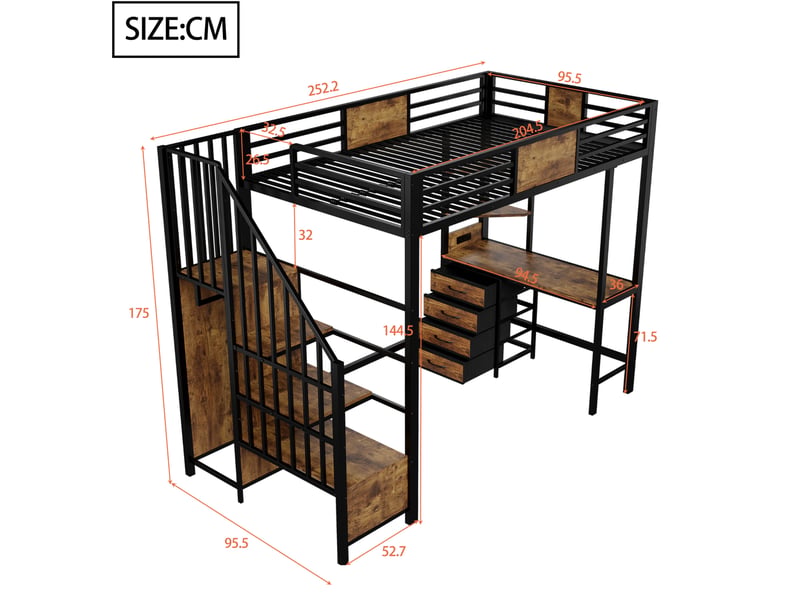 Lit mezzanine 90x200 cm – noir – bureau, rangements, tringle, led, prise et escalier intégrés - sans matelas - Conforama C