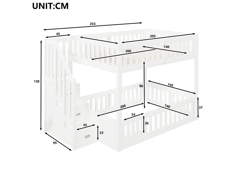  Lit superposé 140x200 cm avec échelle à 3 marches et rangements intégrés, barrières de sécurité et porte enfant, structure robuste en bois - blanc  - Conforama E