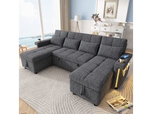Canapé d'angle panoramique convertible <strong></strong> <strong></strong> 4 places Polyester gris avec coffre de rangement