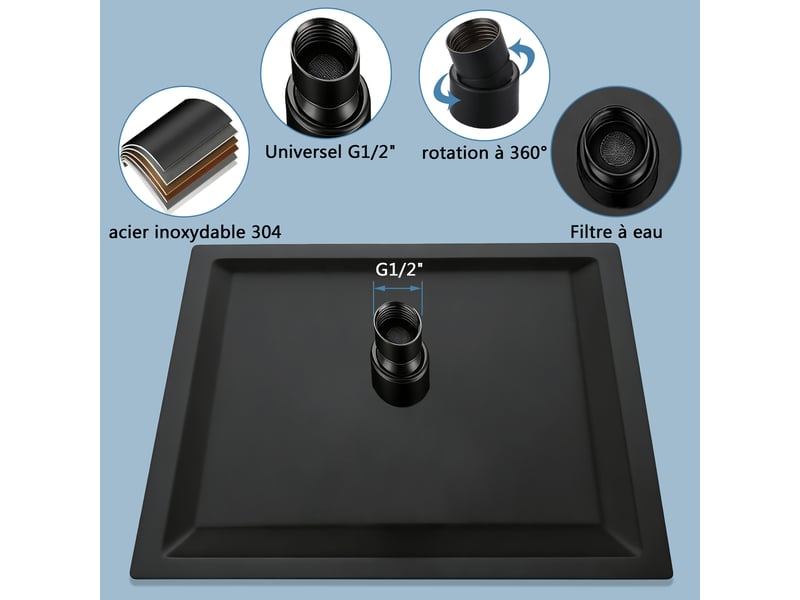 Douche de tête carrée aica, 8 pouces, universel filetage 12, noir - Conforama C