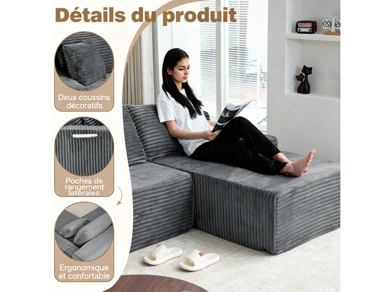 Canapé d’angle, sectionnel en velours côtelé, rembourré mousse, droite, chambresalon, 79x239x156 cm, gris  - Conforama E