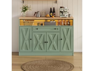 Buffet de cuisine rangement 140x35x95 cm - 4 portes style grange - led rvb avec application - tiroir et rangements de portes - mdf - vert